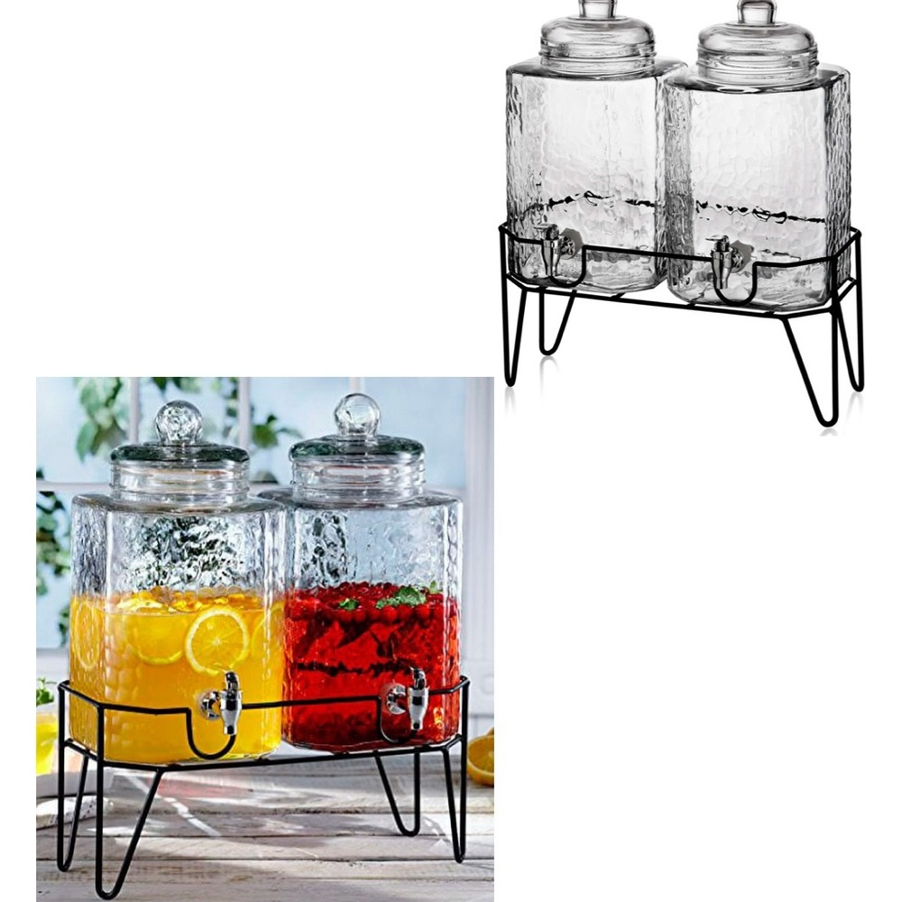 The Jay Companies 1.5 gallon hammered glass dispensers-Set of 2 w/metal stand